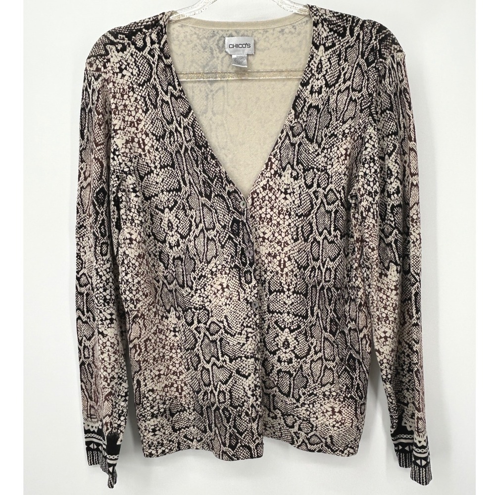 Chicos Silk Blend Snakeskin Print V-Neck Cardigan Sweater Size 1 Medium